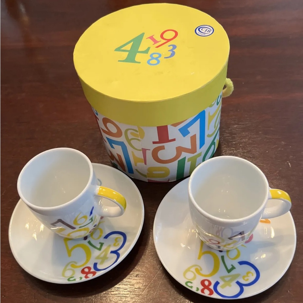 NIB Set of 2 PPD Digits Design Plates & Espresso Cups Porcelain